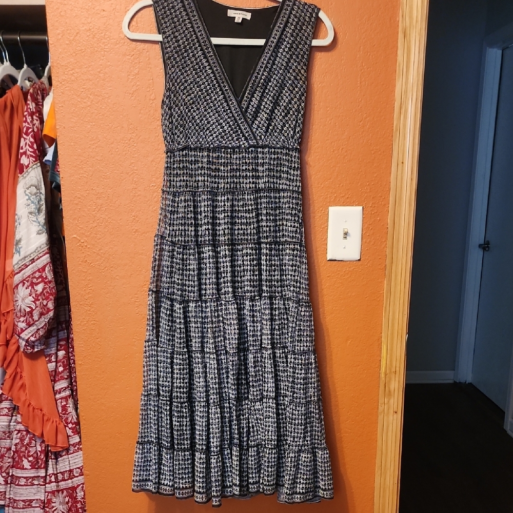 Ann Taylor Navy & White Sleeveless V-Neck Tiered Maxi Dress